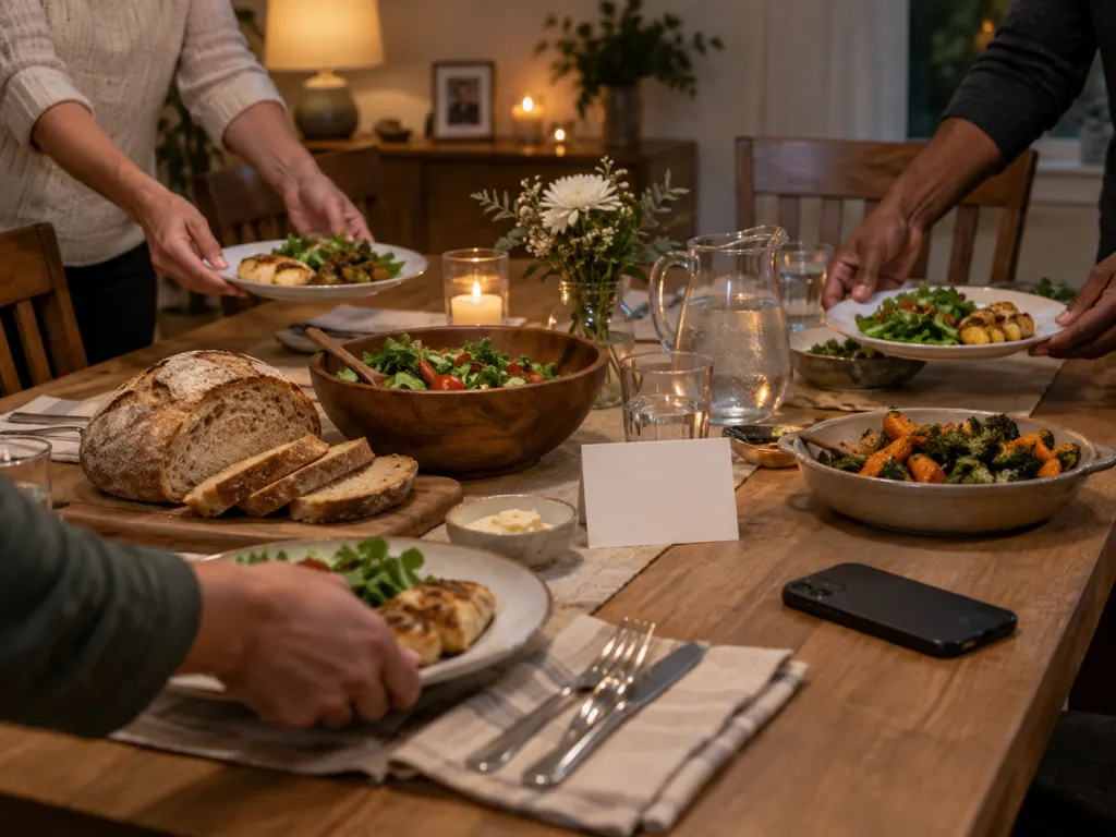 A family table with simple food, a blank note card, and a phone face down, suggesting respectful remembrance.