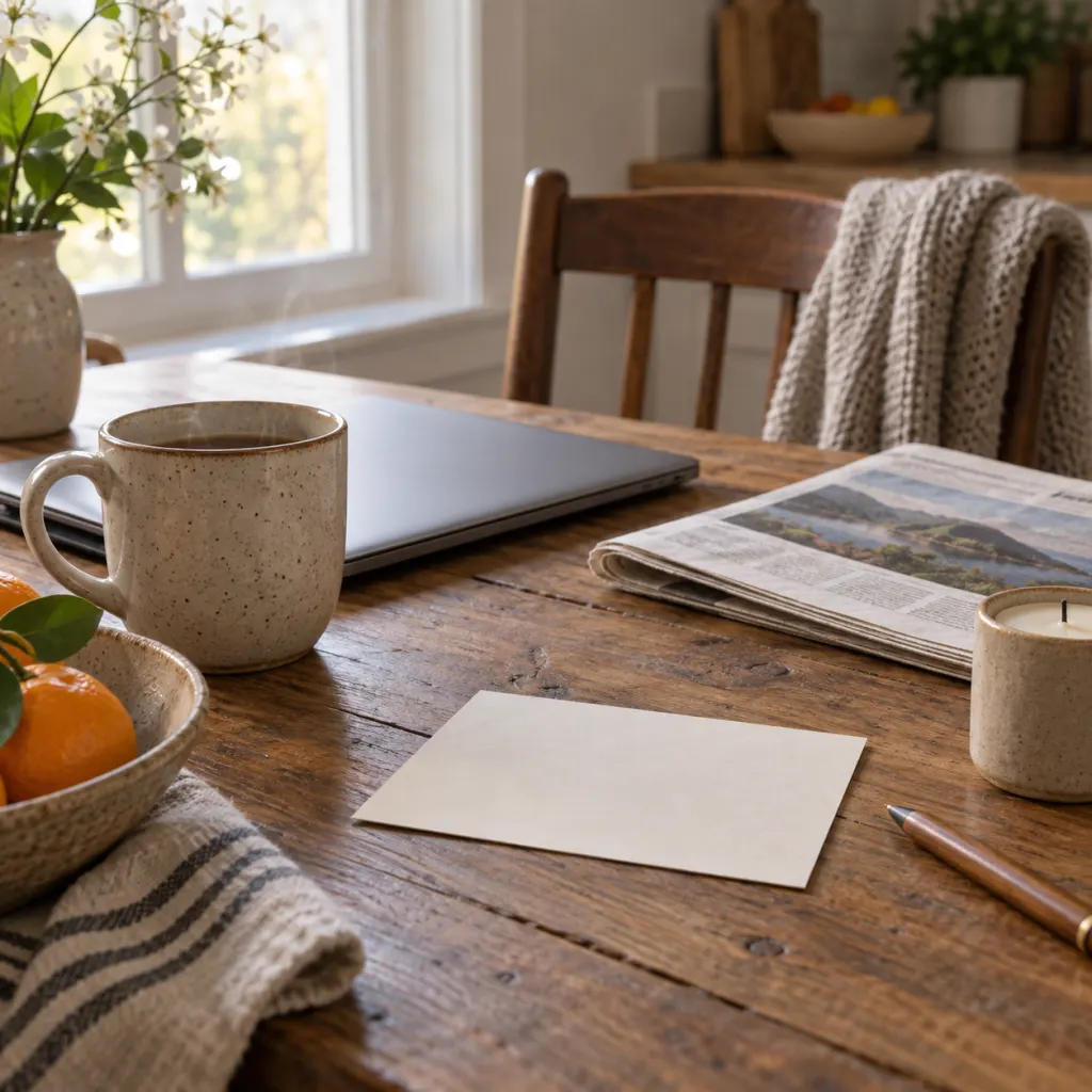 A quiet kitchen table with a laptop, newspaper, mug, candle, and blank recipe card suggesting a thoughtful pause before sharing news.