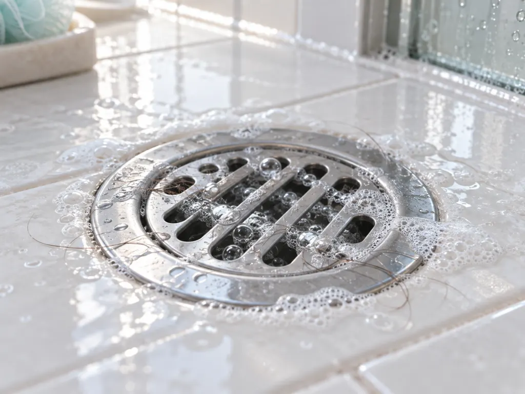 Gentle bubbles forming around light residue at a shower drain opening.