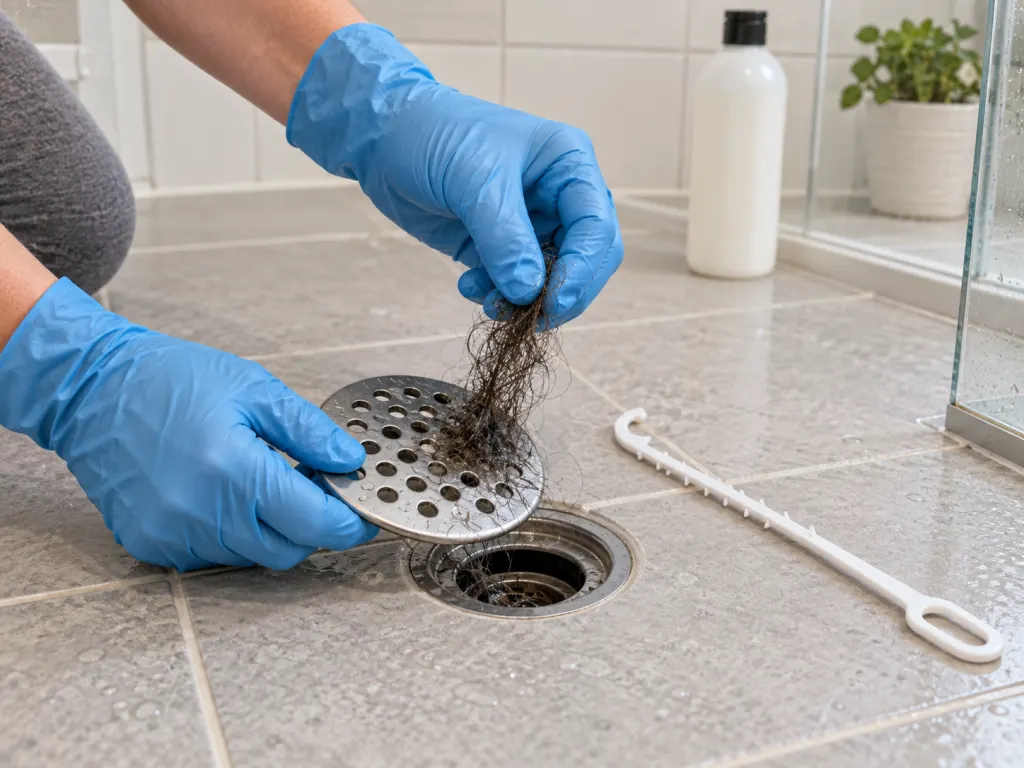 Gloved hands cleaning hair from a shower drain cover with a drain tool.