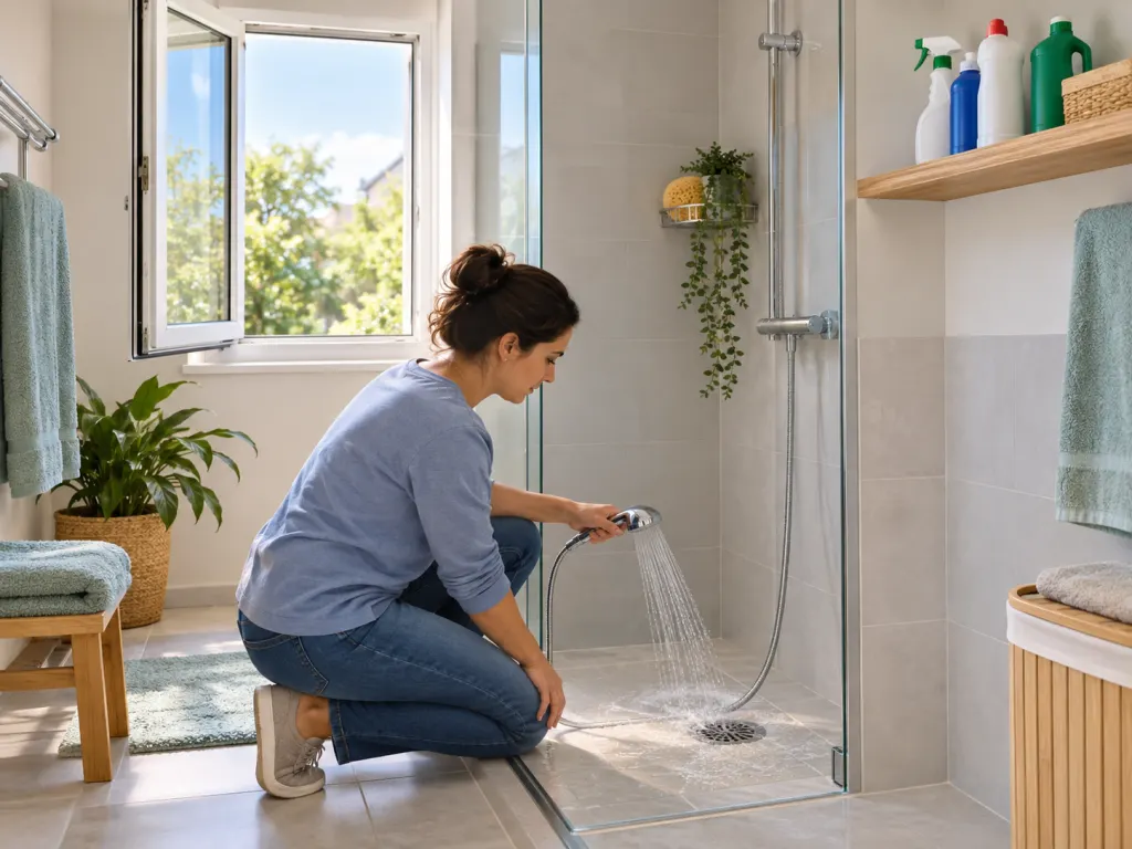A ventilated bathroom with a shower drain being rinsed and cleaners stored apart.
