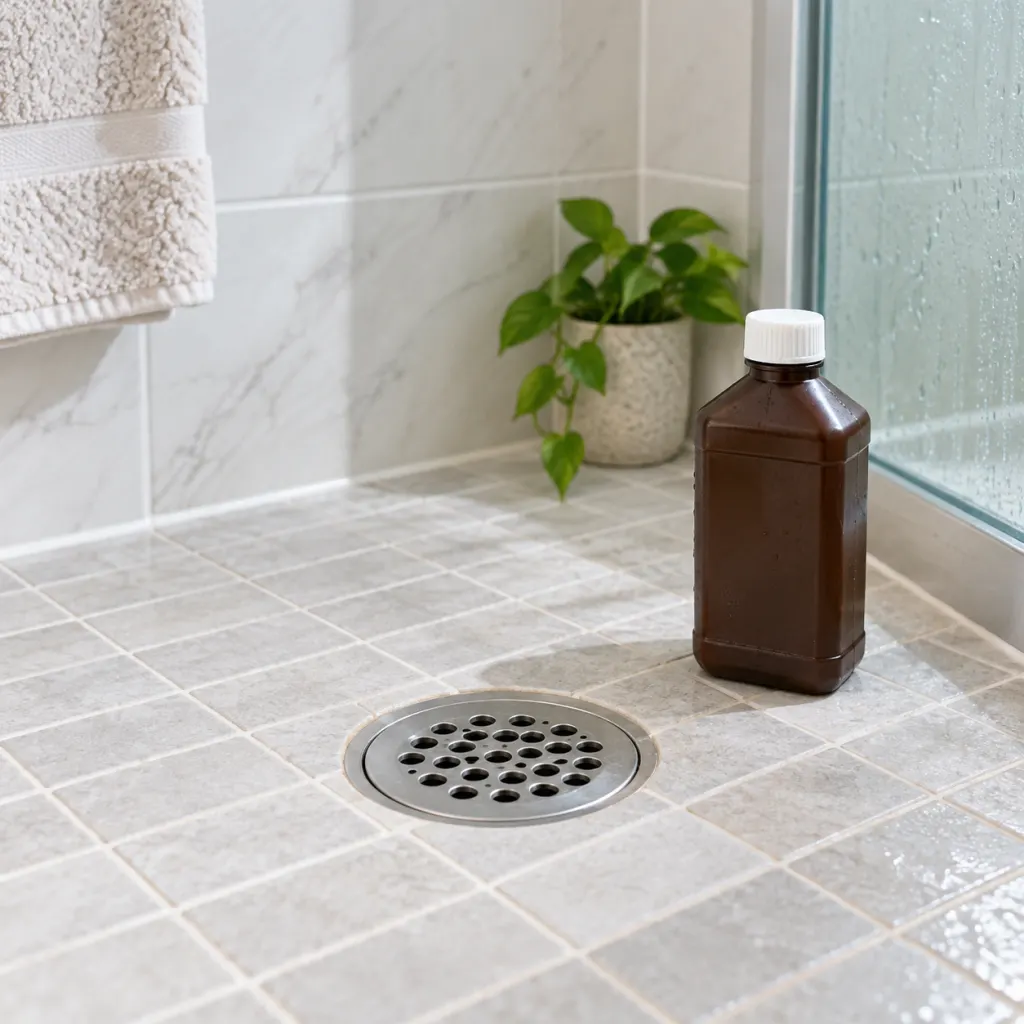 A clean shower drain with a household hydrogen peroxide bottle nearby.