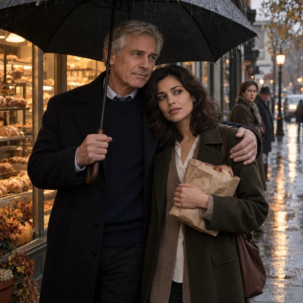 A newly married couple with a large age gap stands outside a rainy bakery.