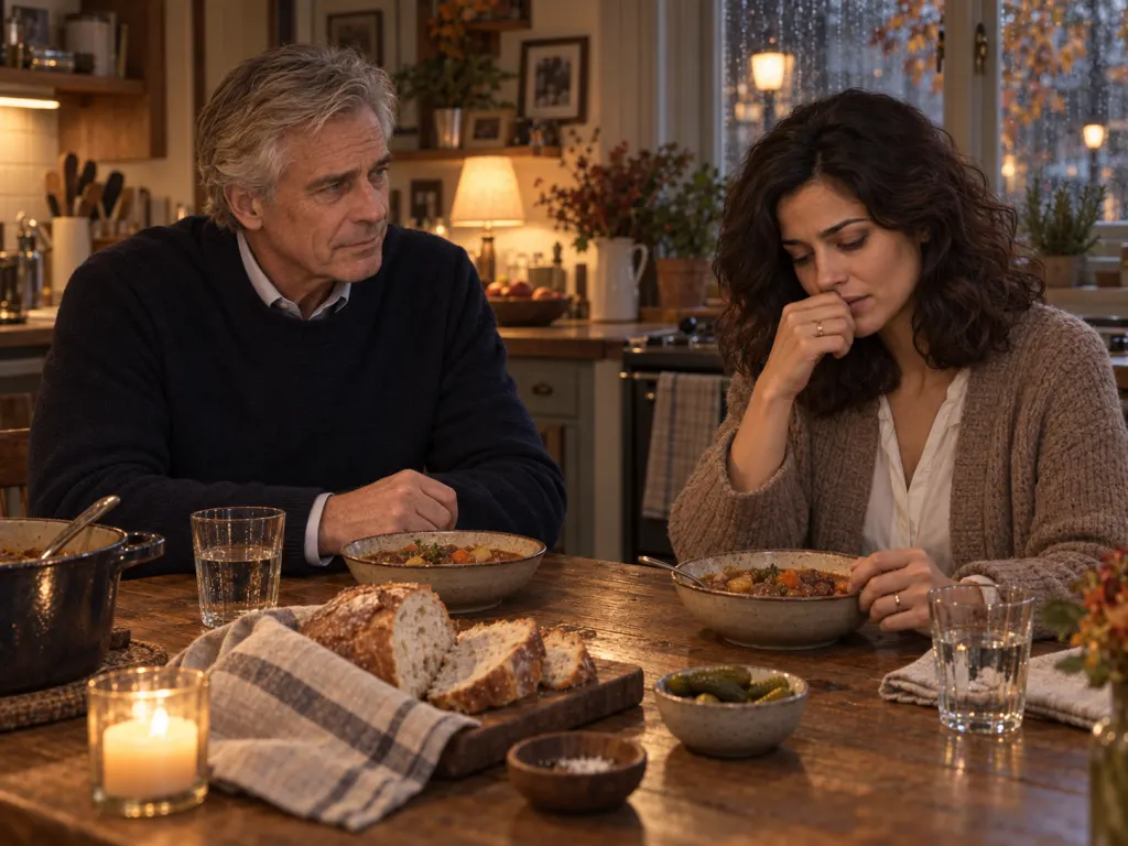 The couple shares stew at a scarred kitchen table as trust begins.