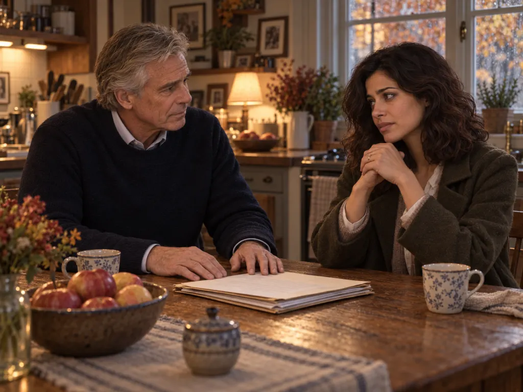 A folder of papers sits between the couple during a difficult kitchen conversation.