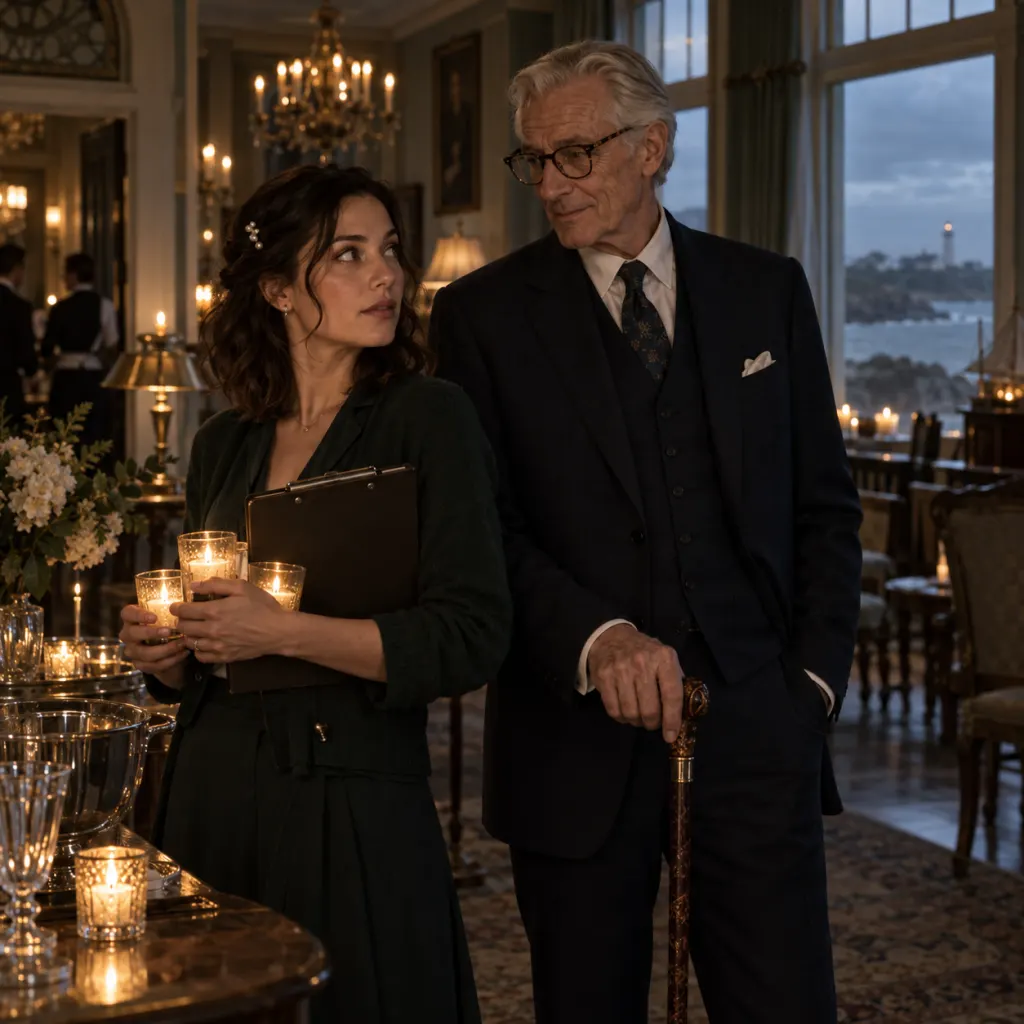 Mara and Elias meet by candlelight in a hotel ballroom.