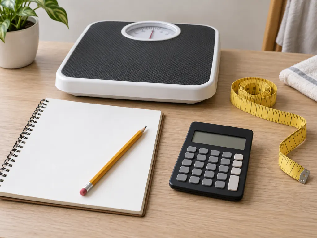 A notebook, calculator, scale, and measuring tape arranged on a table for weight tracking.