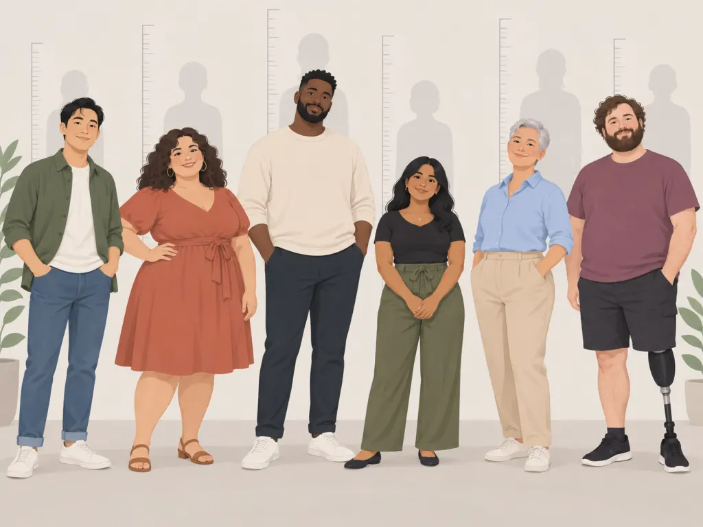 Diverse adults with different body shapes standing calmly near simple height markers.