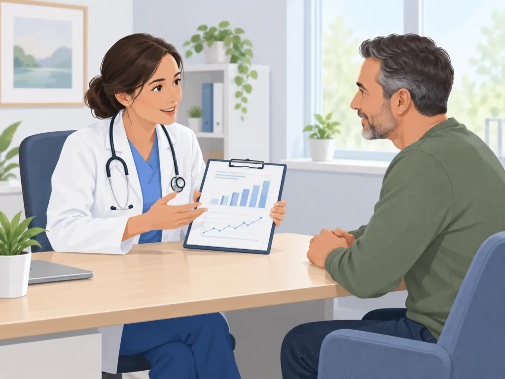 A healthcare professional and adult patient discussing measurements in a bright office.