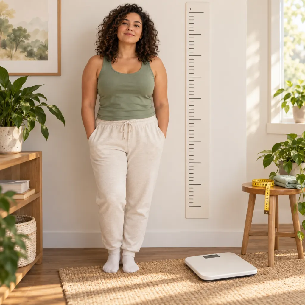 An adult beside a height chart with a scale and measuring tape in a calm health illustration.