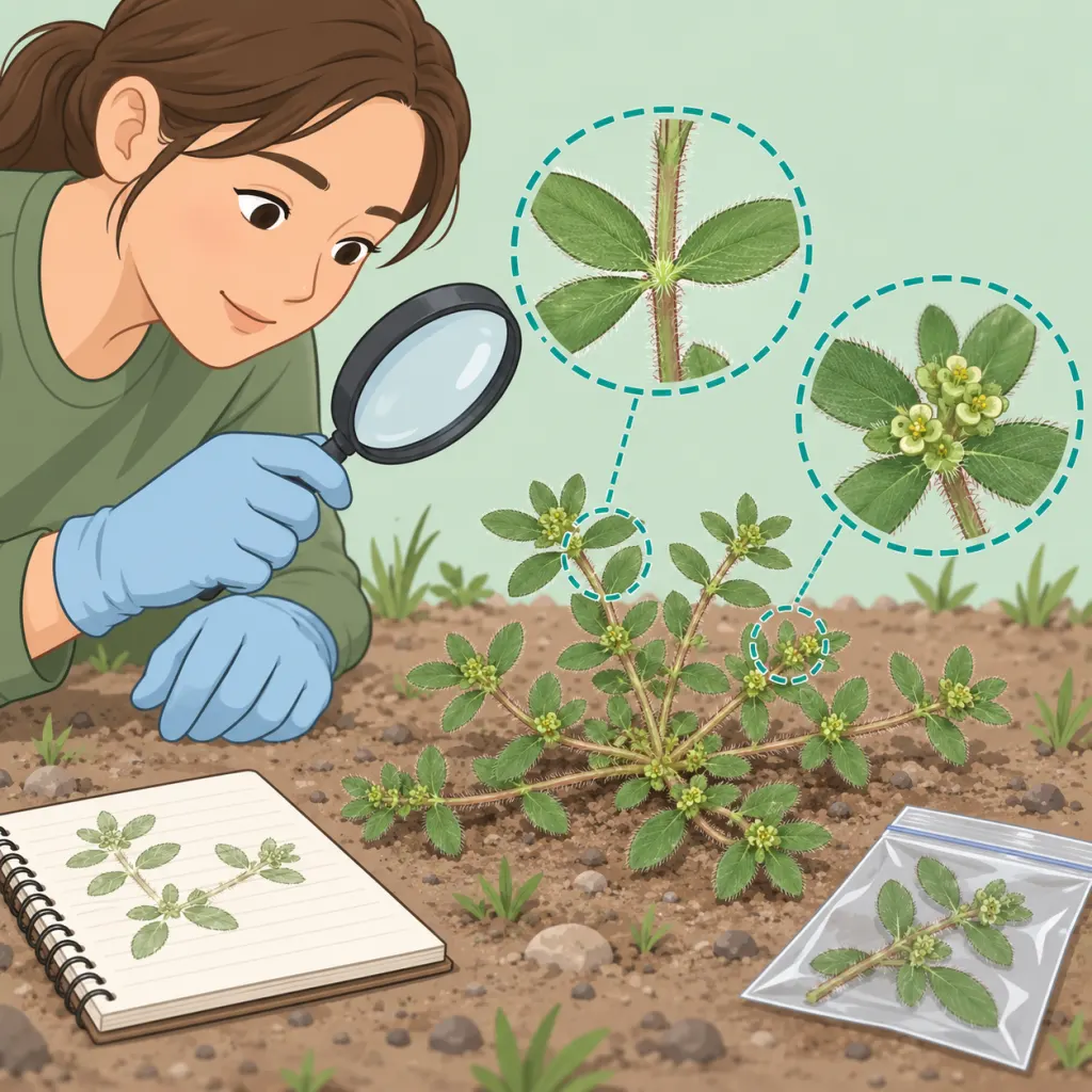 A person safely identifying St. Lucia's herb with gloves, a magnifying glass, and a notebook.