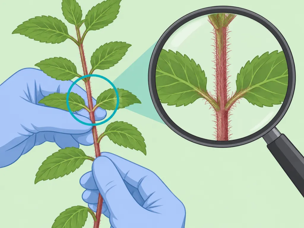 Gloved hands inspecting paired leaves and hairy stems without breaking the plant.