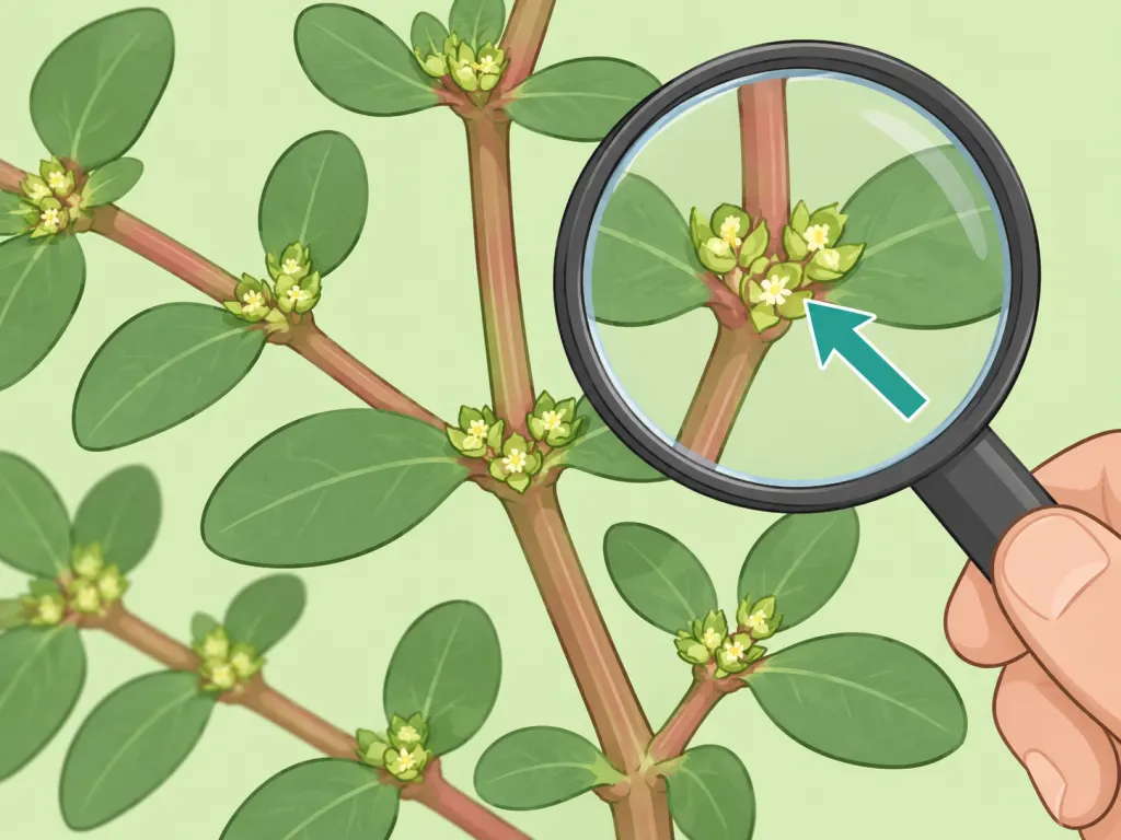 Tiny flower clusters near leaf joints being checked with a hand lens.