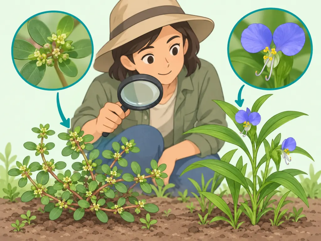 A person comparing spurge with a blue-flowered dayflower lookalike.