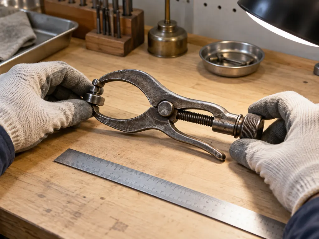 Gloved hands inspect an unfamiliar metal tool beside a ruler on a bench.