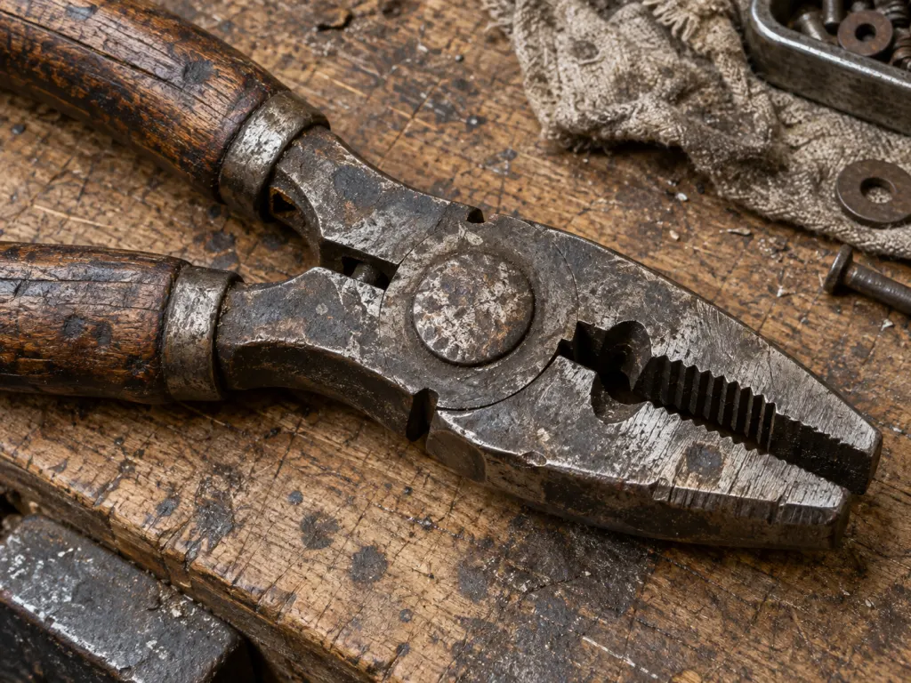 Close view of an old tool showing its pivot, jaws, handle, and worn surfaces.