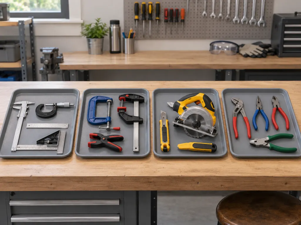 Several unfamiliar tools arranged separately on a workshop table for comparison.