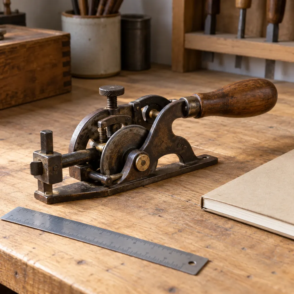 An unidentified vintage hand tool on a workbench with a ruler and notebook.