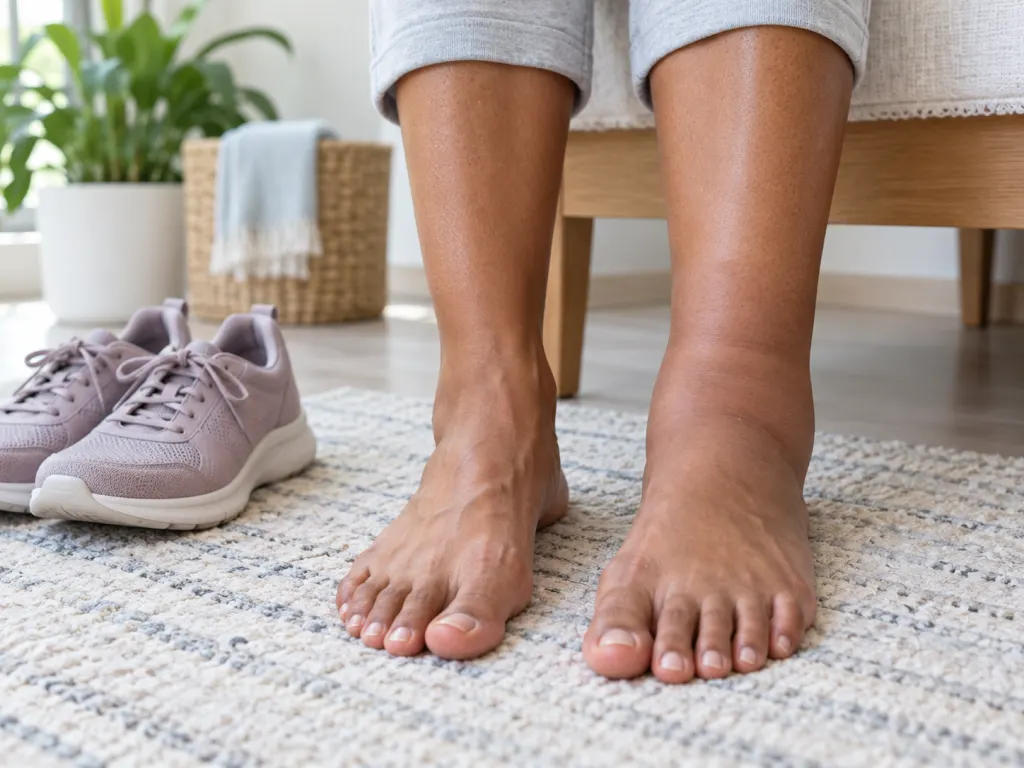 Lower legs and feet near comfortable shoes showing mild ankle puffiness.