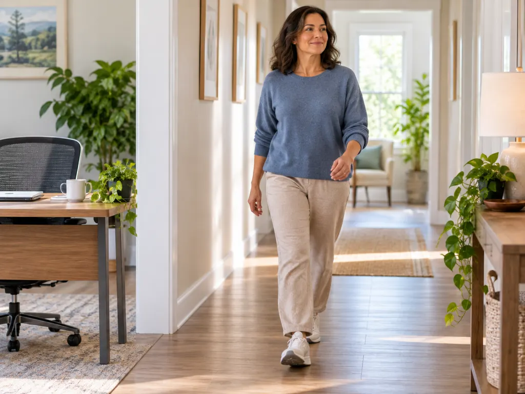 A person taking a gentle walking break indoors in comfortable shoes.