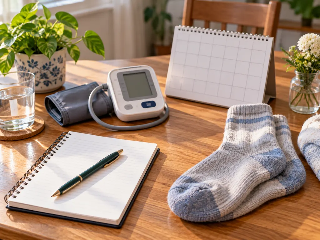 A notebook and health tracking items arranged neatly on a table.