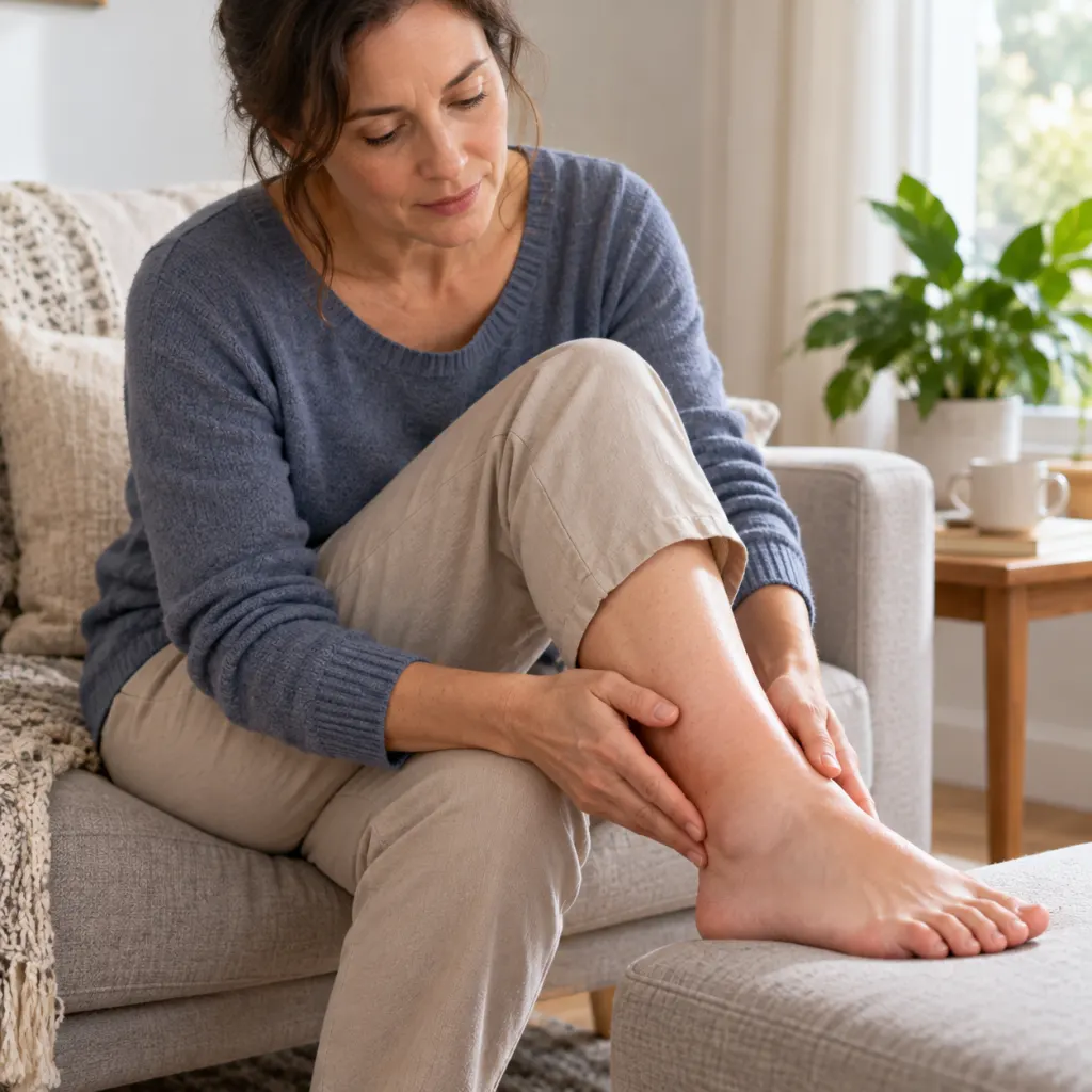 An adult calmly checking mild ankle swelling while seated at home.