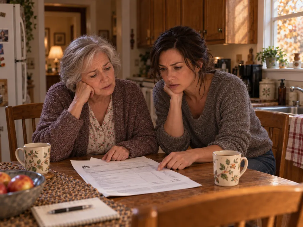 Mother and daughter sit at a kitchen table with a home repair estimate