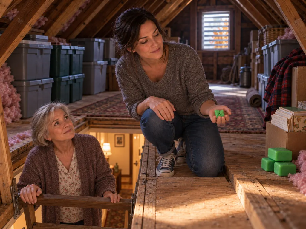 Woman holds a small green soap piece in a cleaned and repaired attic