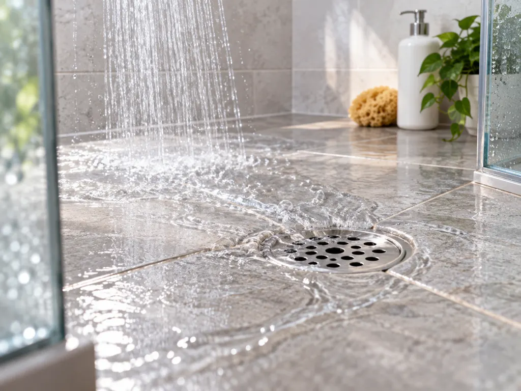 Water rinsing across a smooth shower floor toward a drain