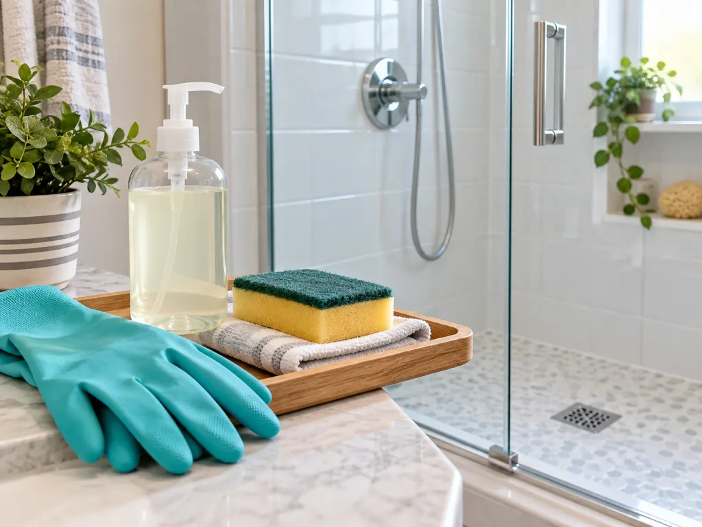 Bathroom cleaning supplies beside a clean shower surface