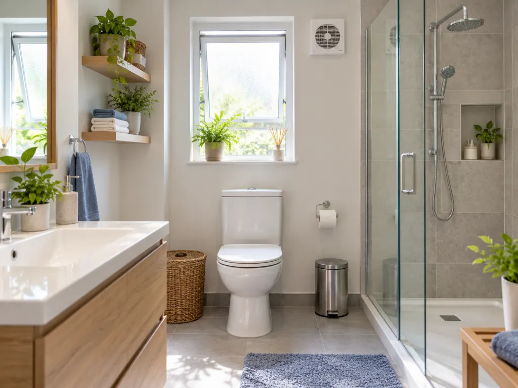 Clean bathroom with both a toilet and shower visible