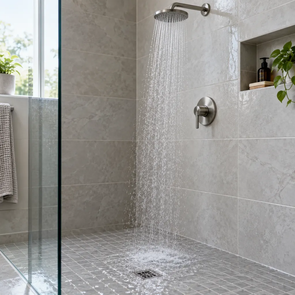 Clean tiled shower with running water flowing toward the drain