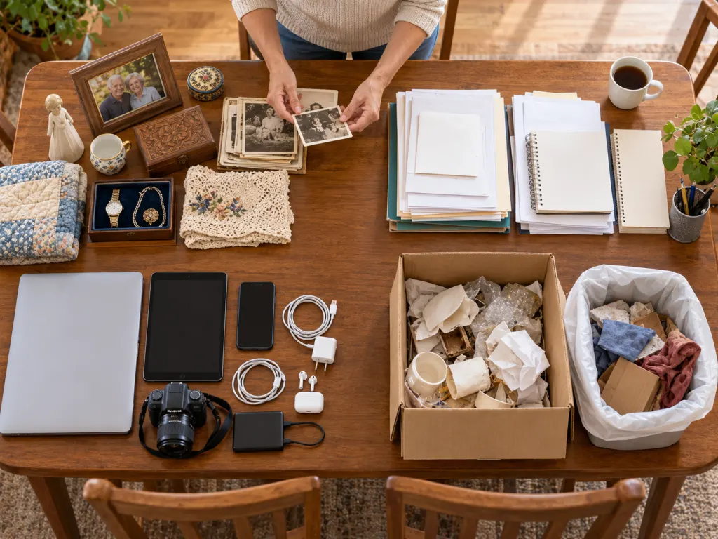 Belongings arranged in neat groups on a table during an estate cleanout.
