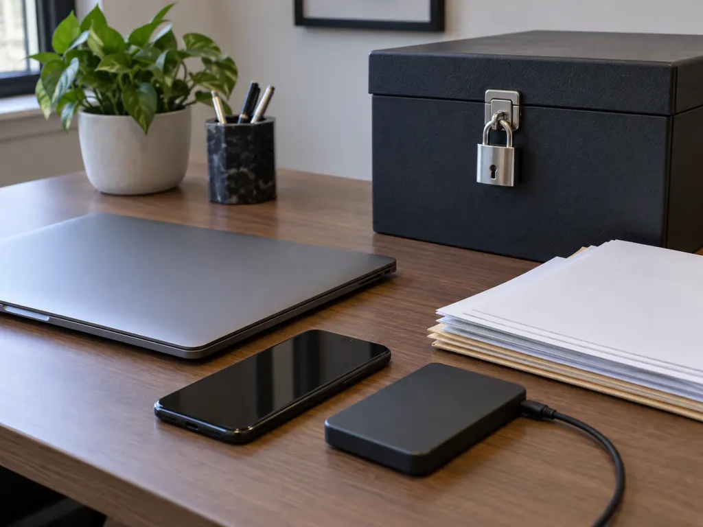 Digital devices and private papers placed beside a locked file box.