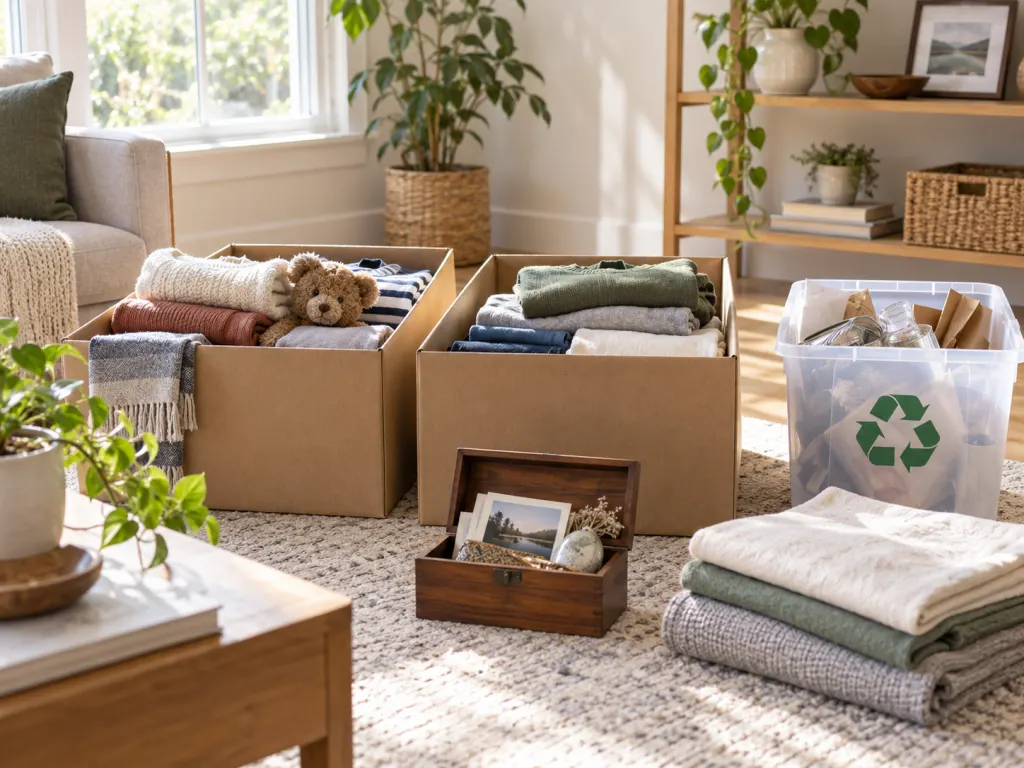 A bright room with donation boxes, folded clothing, and a small keepsake box.