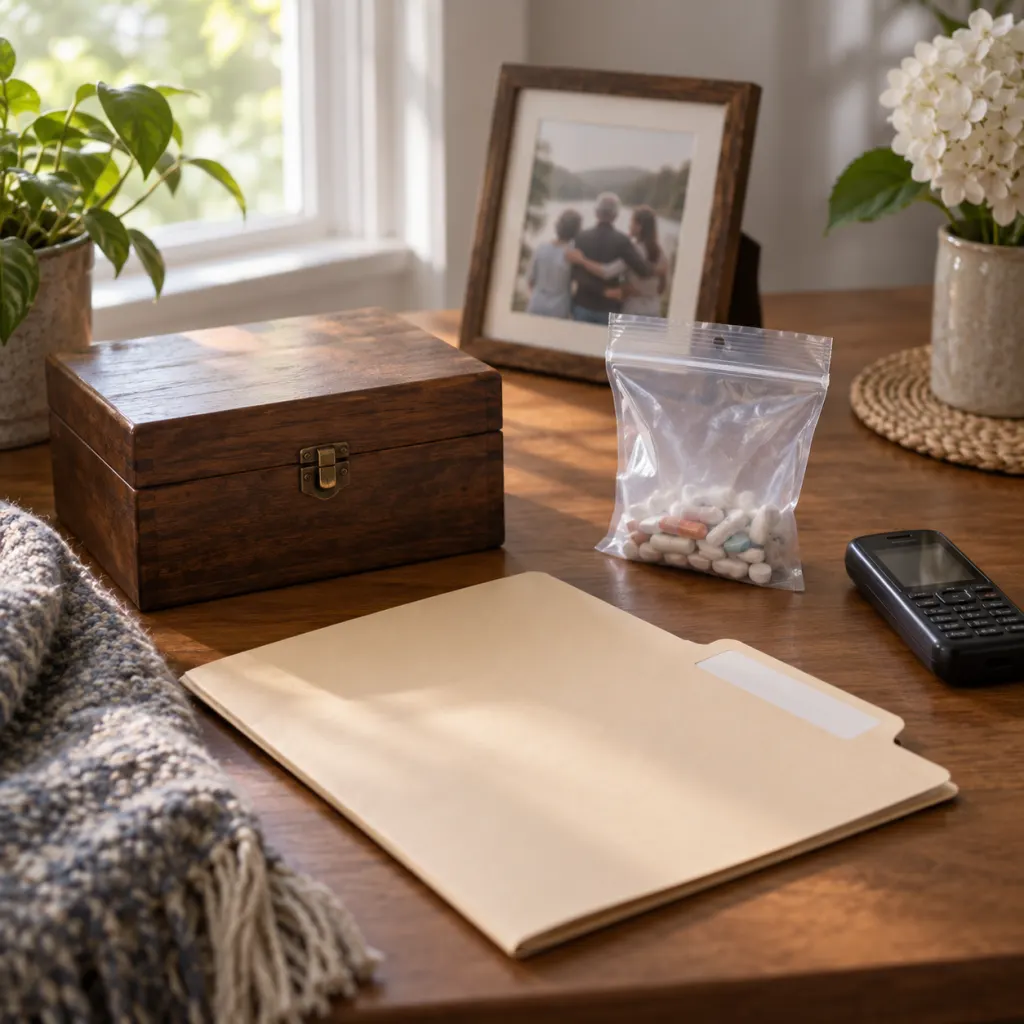 A calm table scene with a memory box, folder, medicine bag, phone, and family photo.