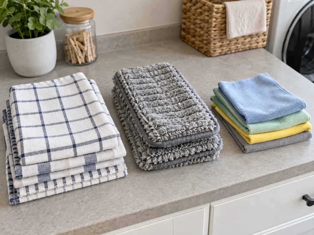 Kitchen towels and microfiber cleaning cloths sorted for laundering