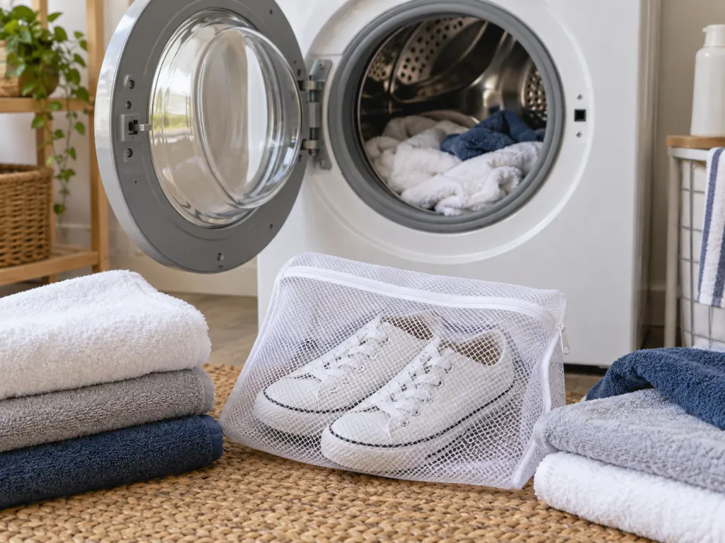 Canvas sneakers prepared in a mesh bag with towels for a gentle machine wash