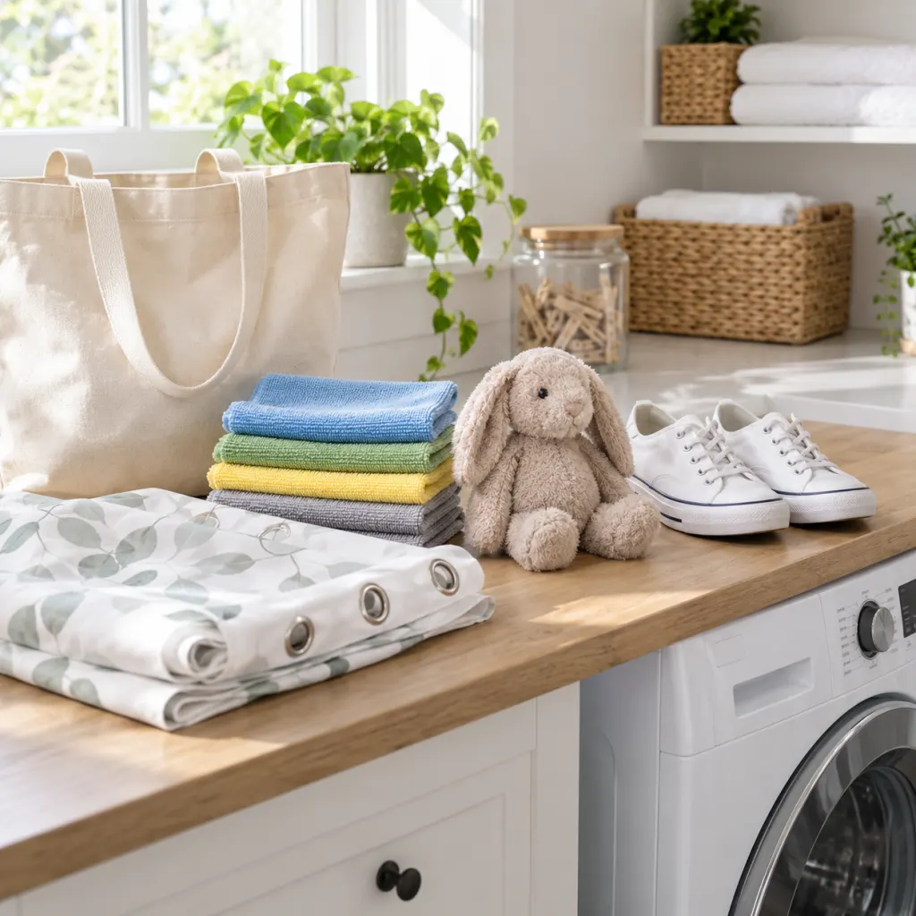 Washable household items arranged beside a washing machine in a bright laundry room
