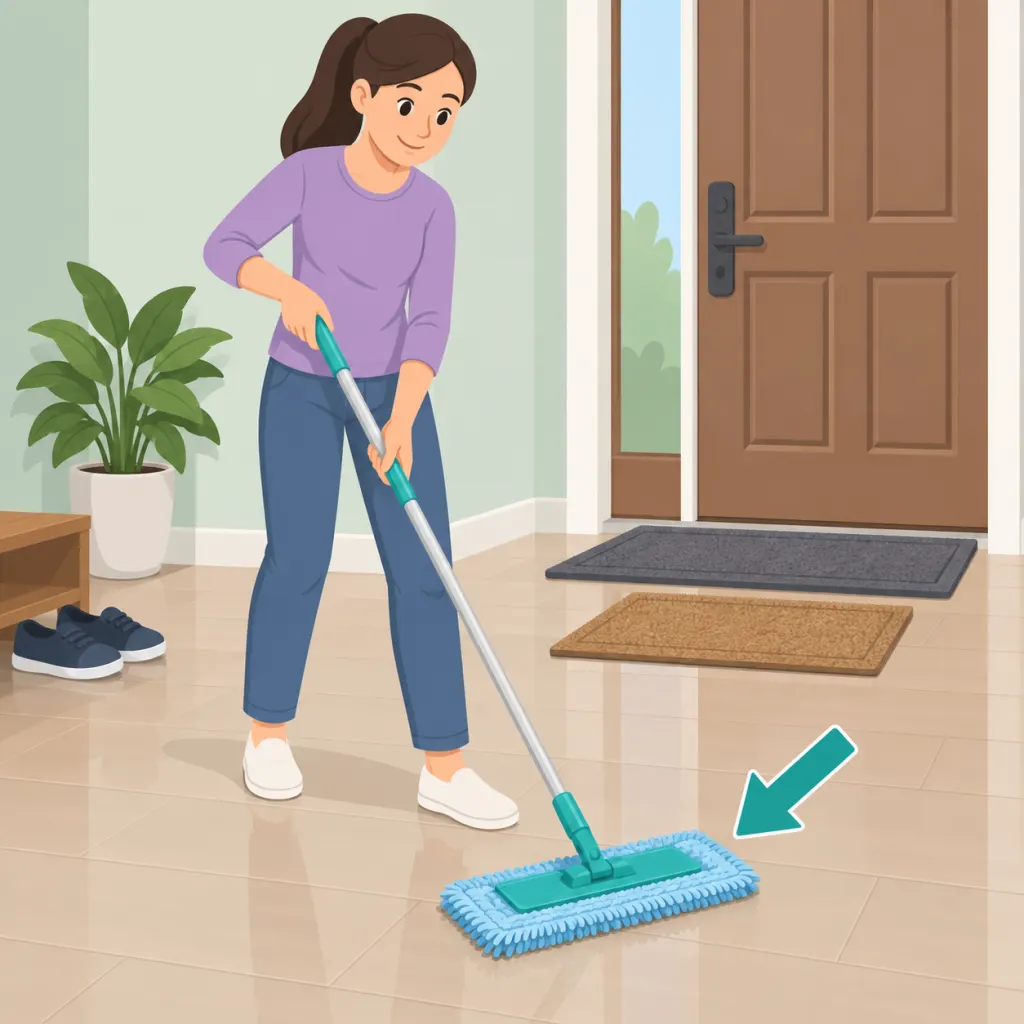 Person using a microfiber mop on a clean hard floor near entry mats and shoes.