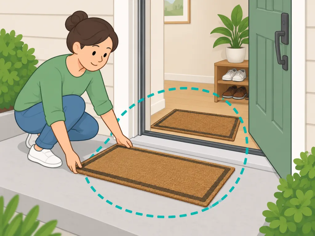 Entry mats and shoes placed by the door to reduce dirt on floors.