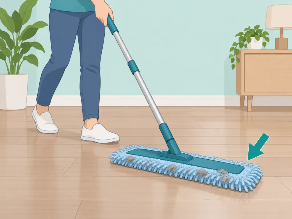 A microfiber dust mop collecting loose dust before mopping.