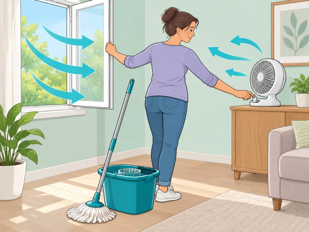 Opening a window and using airflow before cleaning the floor.