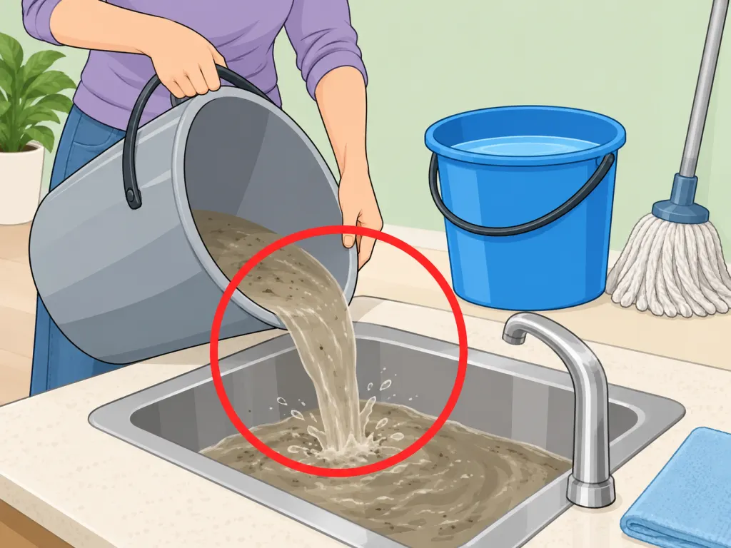 Changing cloudy mop water during floor cleaning.