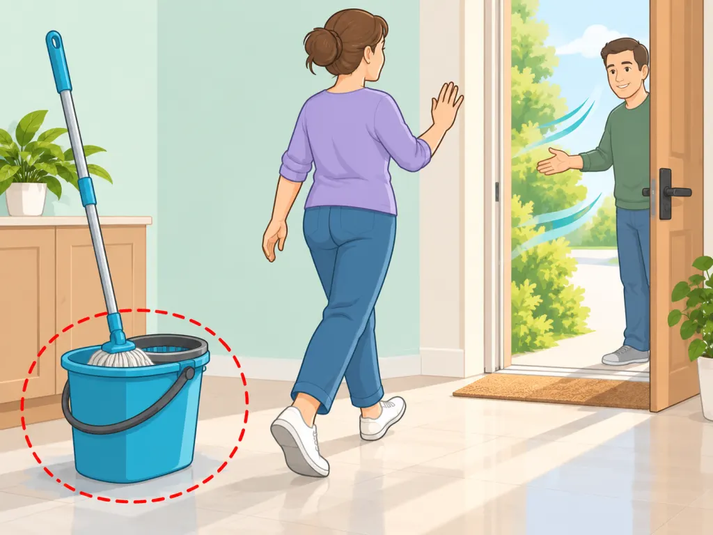 Person moving away from cleaning products to fresh air after irritation.