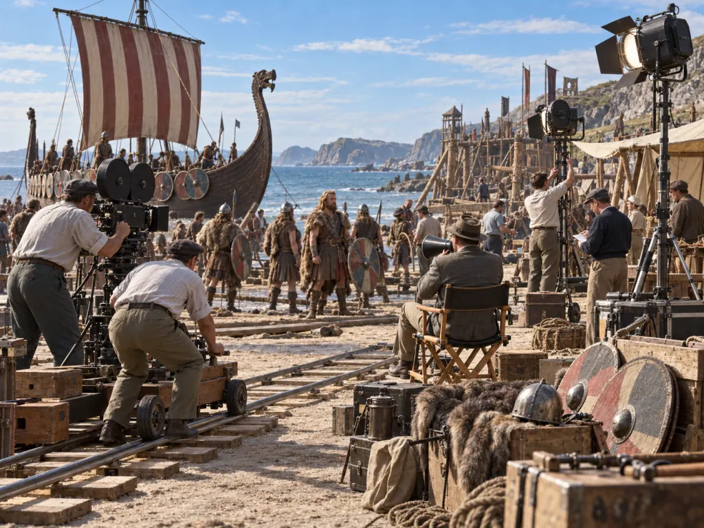 A large outdoor 1950s film set with period cameras, crew members, and coastal Viking-era set dressing under a wide sky