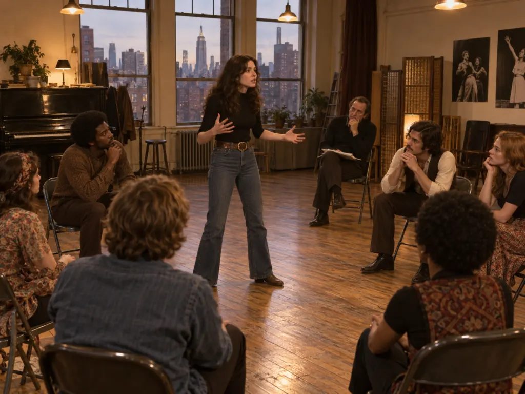 A 1970s New York drama studio classroom with students in a circle during a theater exercise, warm indoor lighting and city windows