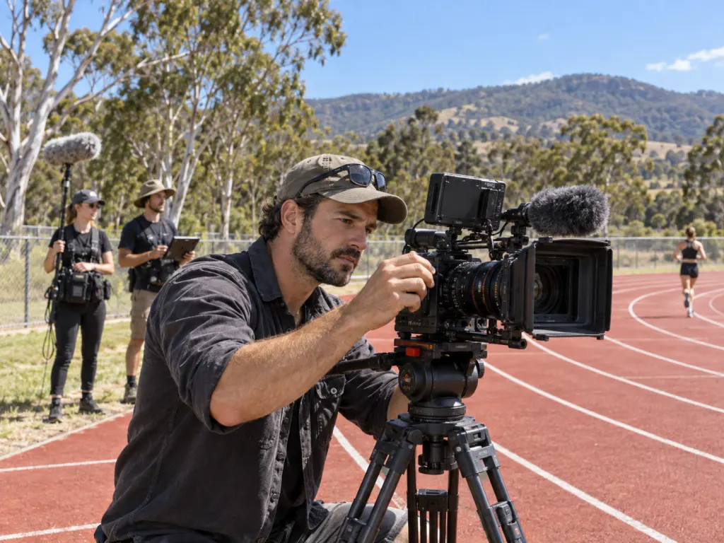 A documentary filmmaker adjusting a camera at an outdoor school running track with eucalyptus trees and hills in the background