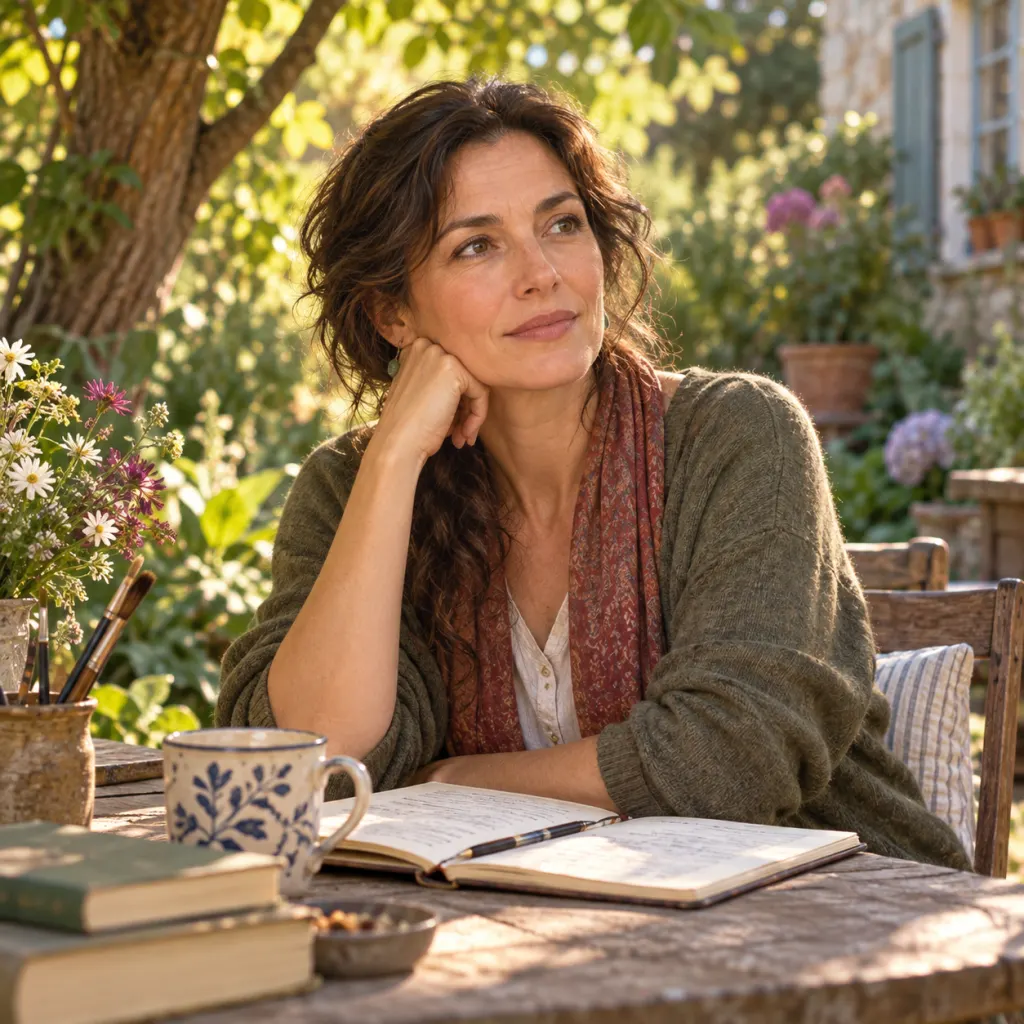 A woman seated in a sunlit garden depicted in a warm, dignified editorial illustration style