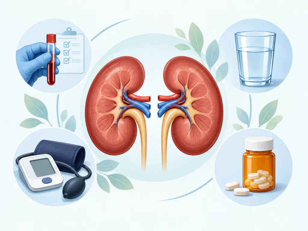 An educational kidney illustration surrounded by icons for testing, hydration, and medication review.